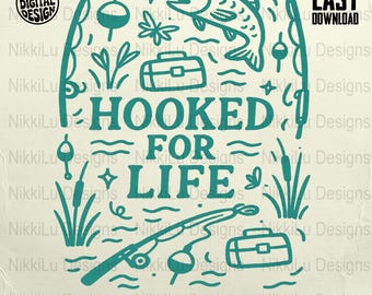 Hooked For Life Fishing PNG, T-shirt da pescatore con design a sublimazione, download digitale, regalo da pescatore
