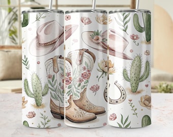 Western Cowgirl Tumbler PNG, 20oz Skinny Tumbler Boho Cowboy Boots & Hats Floral Cactus Design, Country Western Sublimation Digital Download