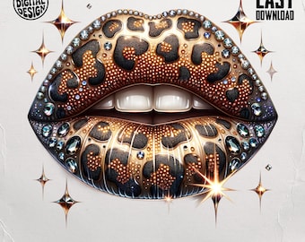 Leopard Lips PNG, Glam Sparkle Lip Digital Design, Faux Rhinestone Glitter Leopard Print T-Shirt Digital Download Sublimation Design