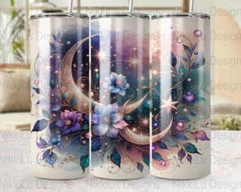 Floral Tumbler Wrap, Boho Moon & Stars 20oz Skinny Tumbler Sublimation Design Digital Download