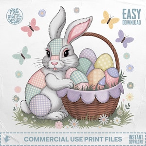Puede incluir: Ilustración digital de un conejito de Pascua sosteniendo una canasta de huevos decorados. El conejito es blanco con detalles de patchwork en colores pastel. Mariposas y flores rodean al conejito y la canasta. El texto en la imagen dice "PNG DIGITAL DESIGN", "EASY DOWNLOAD" y "COMMERCIAL USE PRINT FILES".
