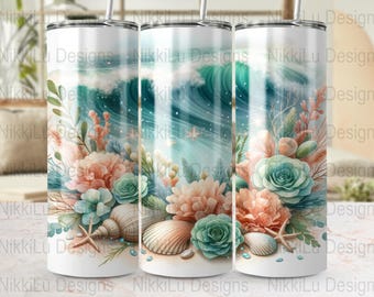 Ocean Wave Tumbler Design, Coastal Summer PNG, Digital Download, Beach Tumbler Design, 20 oz Skinny Tumbler Beach Sublimation Template