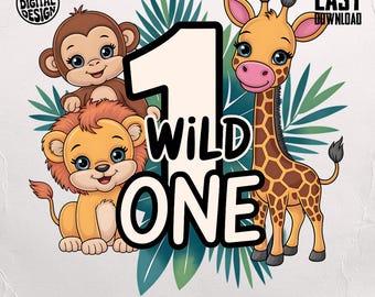 Wild One Birthday PNG, Dschungeltiere Geburtstag Clipart, erster Geburtstag Sublimationsdesign digitaler Download