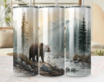 Emballage de gobelet paysage de montagne de forêt d'ours, conception de sublimation de gobelet maigre de 20 oz, téléchargement numérique de gobelet de faune de la nature