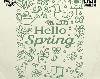 Hello Spring PNG, Cute Springtime T-Shirt Sublimation Digital Download, Gardening Themed T-Shirt Sublimation Design, Floral T-Shirt Design