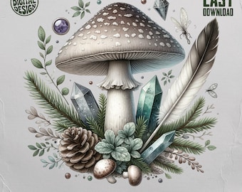 Forest Mushroom PNG, Crystal Cottagecore Design (Digital Download)