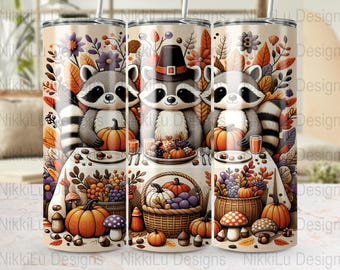 Thanksgiving Raccoon Tumbler Wrap, Fall 20 oz Skinny Tumbler Sublimation Design (Digital Download)
