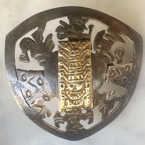 Spilla azteca peruviana in oro 18 carati e argento VITG