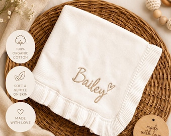 Personalized Organic Cotton Baby Blanket with Ruffle Trim | Custom Name Blanket | Newborn Baby Gift | Neutral Nursery Blanket