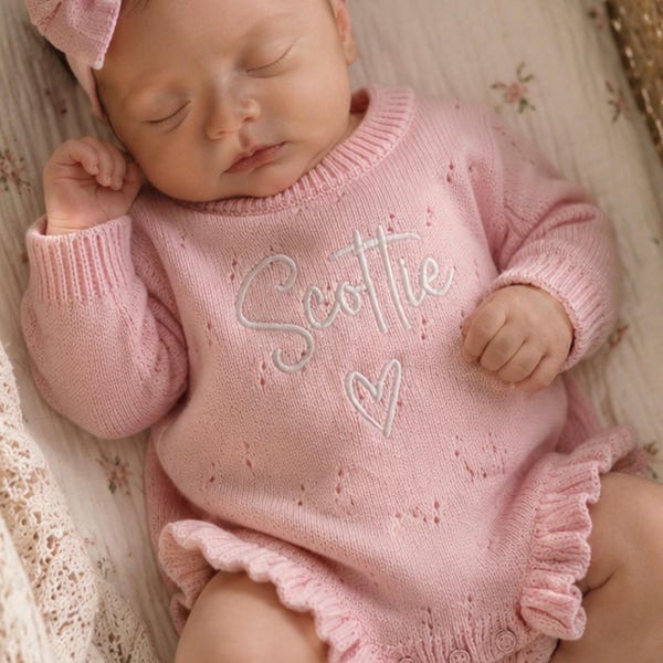 Personalized Baby Knit Romper – Custom Name Bodysuit | 100% Cotton | Baby Girl Coming Home Outfit | Newborn Photo Outfit - BLUSH PINK