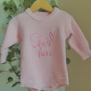 She’s Here Birth Announcement Romper- Organic Cotton - Newborn Announcement Pictures, Baby Shower Gift, Newborn Clothing - Custom Embroidery