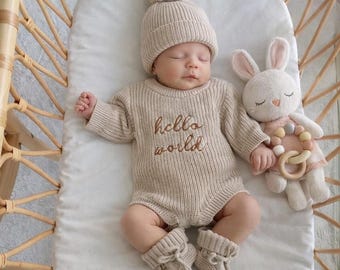 Hello World Baby Romper | Chunky Knit Newborn Outfit | Coming Home Outfit | Baby Announcement | Neutral Baby Gift