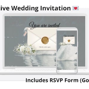 Peut inclure: Une invitation de mariage numérique affichée sur un ordinateur portable et un smartphone. L'invitation présente une enveloppe avec un sceau doré et les mots "You are invited". Le texte "Interactive Wedding Invitation" et "Includes RSVP Form (Google Forms)" sont également affichés.