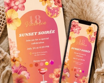 Puede incluir: Una invitación para una fiesta de 18 cumpleaños, con un fondo degradado de color rosa, naranja y amarillo. El texto dice "Sunset Soirée" e incluye los detalles del evento. Gráficos florales y de bola de discoteca decoran la invitación.