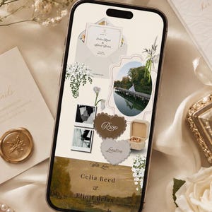 Peut inclure: Un design de faire-part de mariage affiché sur un écran de smartphone, avec une peinture de paysage, des photos et du texte. Le design comprend une boîte à bagues, une bague et des accents floraux. L'invitation comprend les noms Celia Reed et Eliott Brian.