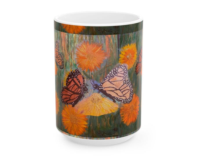 Vibrant Butterfly Ceramic Mug - 15oz, Perfect Gift for Nature Lovers, Spring Decor, Coffee Lover's Gift, Floral Homeware