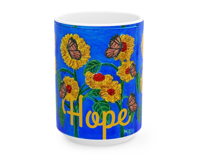 Sunflower and Butterflies Ceramic Mug, Floral Coffee Cup, Nature Lover Gift, Kitchen Decor, Garden Theme Tea Mug, Spring Drinkware
