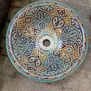 Multicolor Ceramic Sink Hand-painted Washbasin, Ceramic Sink for Bathroom & Kitchen, Moroccan Handmade Pottery Sink