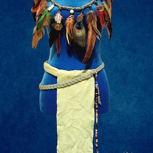 May include: A blue mannequin displays a Neytiri costume. The costume includes a feather collar, a light green sash, and a beaded strand. The word "Neytiri" is written in white script on the chest.