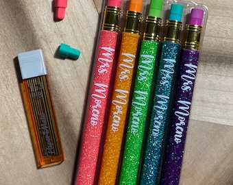 Juego de lápices mecánicos con purpurina personalizado, regalo para profesores