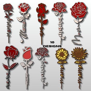 Może przedstawiać: Kolekcja dziesięciu wzorów kwiatowych, w tym róże i słoneczniki, w kolorze czerwonym, brązowym i żółtym. Niektóre wzory zawierają słowa "Mommy" lub "Mama" w kursywie. Wzory są umieszczone na jasnoszarym tle.