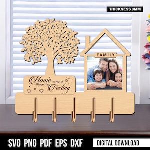 Gelaagde huissleutelhouder lasergesneden bundel | Sleutelhangerhouder hangend huis| Woondecoraties | Muursleutelhanger | Key Keeper-SVG |