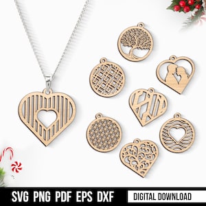 Joyas de madera, colgantes y pendientes, archivos DXF, SVG, EPS, digitales y Lightburn para corte por láser, fresado, plasma o chorro de agua.