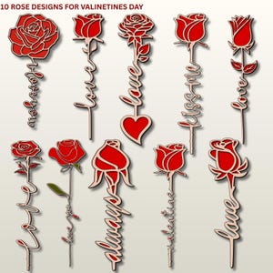 Puede incluir: Diez diseños de rosas de madera cortadas con láser para el Día de San Valentín. Cada rosa es roja con un borde de madera natural. Algunos diseños incluyen las palabras "amor", "siempre", "bésame" y "te amo".