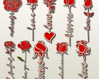 Rosa de dos capas cortada a láser (archivo SVG) / Archivos vectoriales de San Valentín (corte láser en madera) / Rosa de aniversario cortada a láser (Gif) / Descarga digital