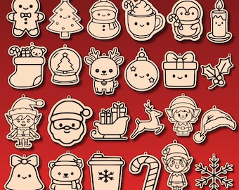 Paquete de 24 adorables juguetes navideños en formato SVG / Diseño kawaii de juguetes navideños cortados con láser / SVG de árbol / Reno, Papá Noel para pintar / Archivos DXF y PNG navideños / Descarga digital