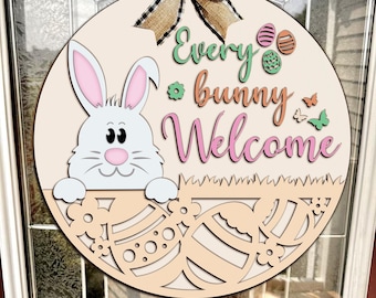 Letrero de bienvenida de conejito de Pascua SVG / Colgador de puerta de Pascua SVG / Archivos cortados con láser / Conejito de Pascua Svg / Pascua SVG / Letrero de puerta de Pascua / Archivo Glowforge
