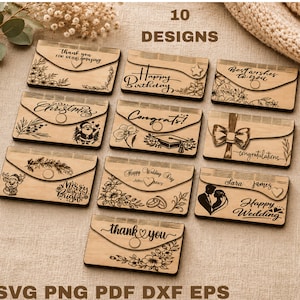 May include: Ten wooden envelope designs featuring laser-engraved text and illustrations for various occasions. The collection includes greetings for birthdays, weddings, Christmas, and thank you notes, presented in a flat, rectangular format.