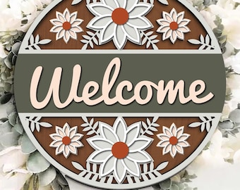Letrero floral de bienvenida SVG: colgador de puerta cortado a láser (descarga digital)