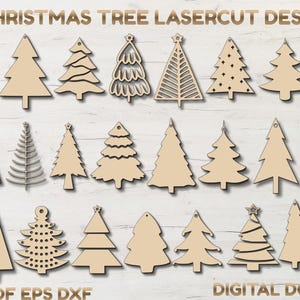 Könnte beinhalten: Eine Sammlung von 30 lasergeschnittenen Weihnachtsbaum-Designs in verschiedenen Stilen. Die Bäume sind aus hellem Holz gefertigt und umfassen verschiedene Formen, von einfachen Dreiecken bis hin zu detaillierten, geschichteten Designs. Das Bild enthält den Text "30 Christmas Tree Lasercut Designs" und "Digital Download".