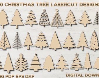 Paquete de 30 archivos SVG de árboles de Navidad / Decoración navideña / Adornos de árboles de Navidad cortados con láser / Etiquetas / Archivos SVG para Glowforge / Decoración navideña / Decoración navideña boho