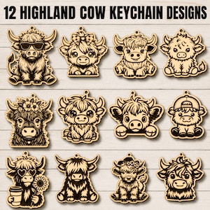 Könnte beinhalten: Eine Sammlung von 12 hölzernen Highland-Rind-Schlüsselanhänger-Designs mit verschiedenen Illustrationen, darunter Rinder mit Sonnenbrillen, Schleifen, Blumenkränzen, Baseballkappen und Kaffeetassen, mit dem Text 12 HIGHLAND COW KEYCHAIN DESIGNS.