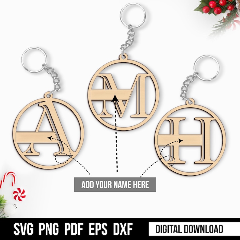 Puede incluir: Tres llaveros de madera con un dise&ntilde;o circular que presenta las letras A, M y H. Cada llavero tiene un espacio para agregar un nombre.  A&ntilde;ade tu nombre aqu&iacute;. SVG PNG PDF EPS DXF DESCARGA DIGITAL