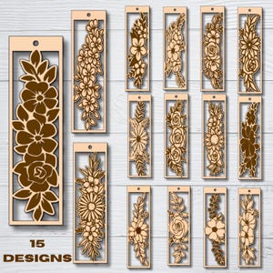 Puede incluir: Una colección de 15 diseños de marcapáginas de madera cortados con láser, cada uno con un arreglo floral único dentro de un marco rectangular. Los marcapáginas son de color marrón claro con detalles florales en marrón oscuro. El texto "15 DESIGNS" está en la parte inferior.