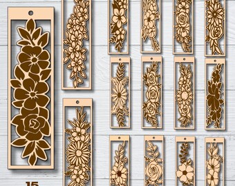 Archivos SVG de corte láser de marcapáginas florales / Marcapáginas botánico de madera (15 diseños) / Marcapáginas grabados con flores para Glowforge Cricut, corte láser /