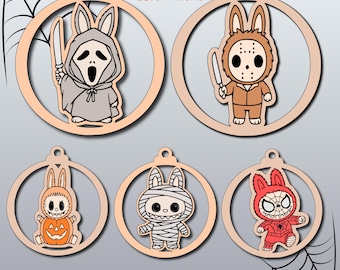 May include: Five Halloween decorations featuring cartoon bunnies dressed as horror movie characters. Each bunny is inside a wooden circle. The characters include a ghostface, Jason Voorhees, a pumpkin, a mummy, and Spider-Man. The text "5 Halloween Decorations" is at the top.