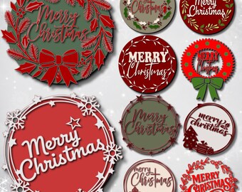 Paquete de 10 colgadores de puerta SVG de Feliz Navidad / Letrero de bienvenida o de pared navideño PNG / Archivos de corte láser Glowforge / Corona de Feliz Navidad SVG /