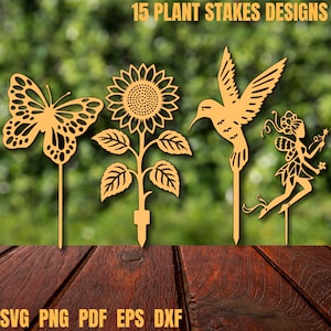 File per taglio laser 3D di paletti per piante - 15 design: colibrì, farfalla, formica, rana/uccello. Pacchetto SVG di paletti per piante, divertenti decorazioni per vasi di fiori.