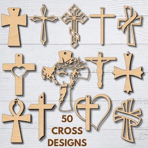 May include: A collection of twelve light-coloured wooden cross ornaments in various shapes and styles, including a cross with a heart cutout, a crucifix, an ankh, and a cross featuring a detailed silhouette of a face. Text reads 50 CROSS DESIGNS.
