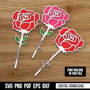 Rose Blume Laser Cut Out Art Valentinstag, Acrylholz, personalisierte Blume mit Namen, bearbeitbare Schnittdateien Digitaler Download Laserschnittdatei