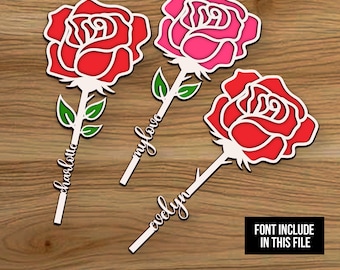 Arte de rosa recortado con láser para San Valentín, madera acrílica, flor personalizada con nombre, archivos de corte editables, descarga digital, archivo de corte con láser