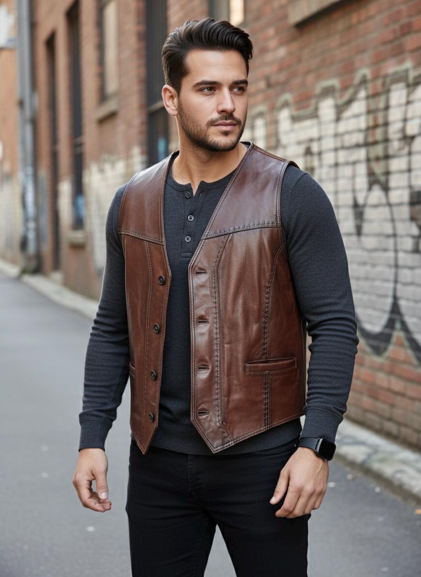Men's Lambskin Leather Vest – Western Chopper Motorcycle Vest, Black, Snap Closure