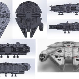 May include: A detailed model of the Millennium Falcon spaceship from Star Wars. The model is shown from multiple angles, including top, bottom, side, and front views. The model is made of a gray plastic material and has intricate details, such as the cockpit, engines, and landing gear.