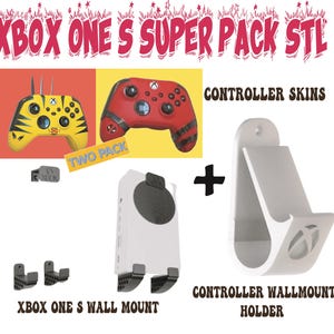 Può includere: Un pacchetto di file STL stampabili in 3D per la console Xbox One S. Il pacchetto include un supporto a parete per la console, un supporto a parete per un controller e due skin per controller. Le skin sono mostrate in giallo e rosso con accenti neri.