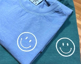 Comfort Colors Embroidered Smile Face - Smiley Face Tee - Short or Long Sleeve TShirt