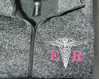 Custom Embroidered ER Fleece Jacket: Nurse Coat with Personalized Name, Emergency Room and Caduceus, Quality Nurse Full Zip Medical Jacket